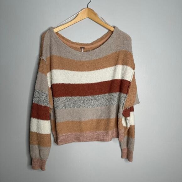 Free People‎ Women's Candyland Pullover Striped Wide Neck Sweater Size L - Picture 1 of 7